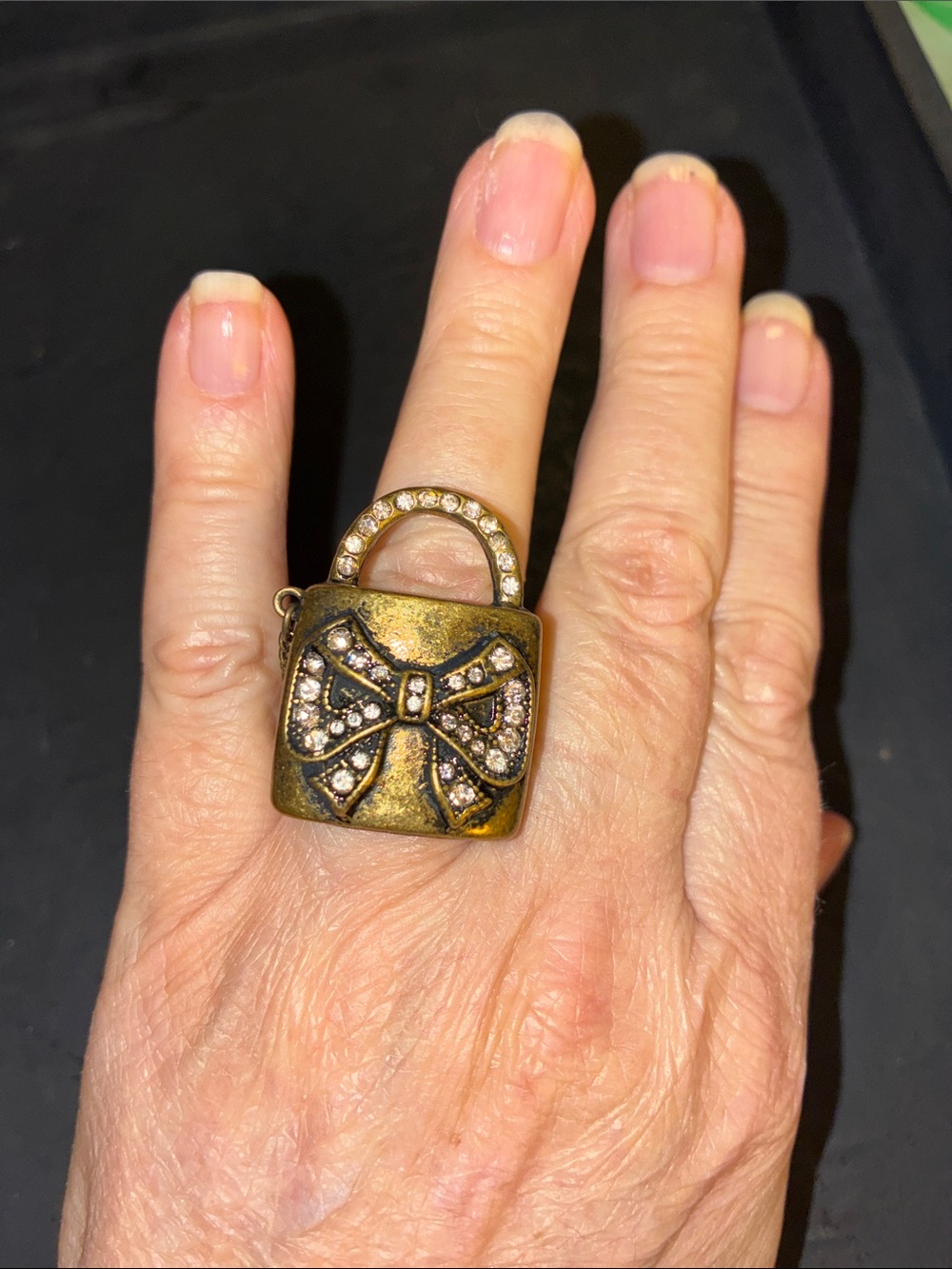 Antique Gold Bow Padlock Statement Stretch Ring
